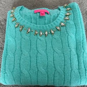 Lily Pulitzer Dario cable knit crewneck with rhinestone details.